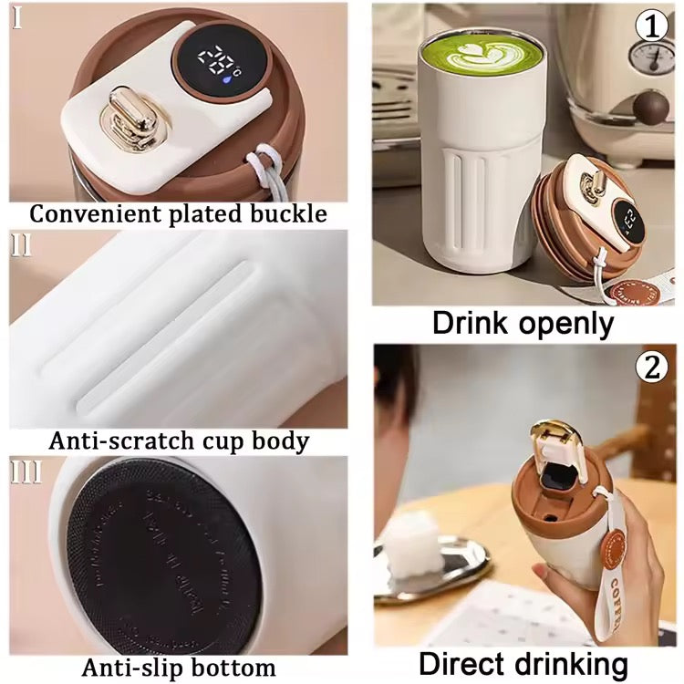 LED Smart Temperature display thermo Tumbler Stainless Steel Travel Coffee Mug With Strap - 450Ml - Random Color - Project M Shop