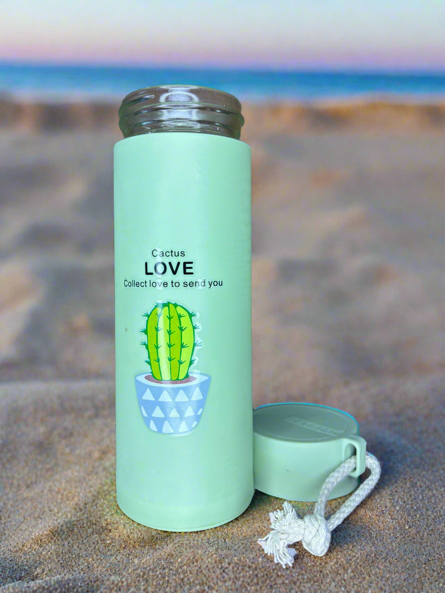 Cactus Printed Glass Water Bottle - 450 Ml - Random Color - Project M Shop