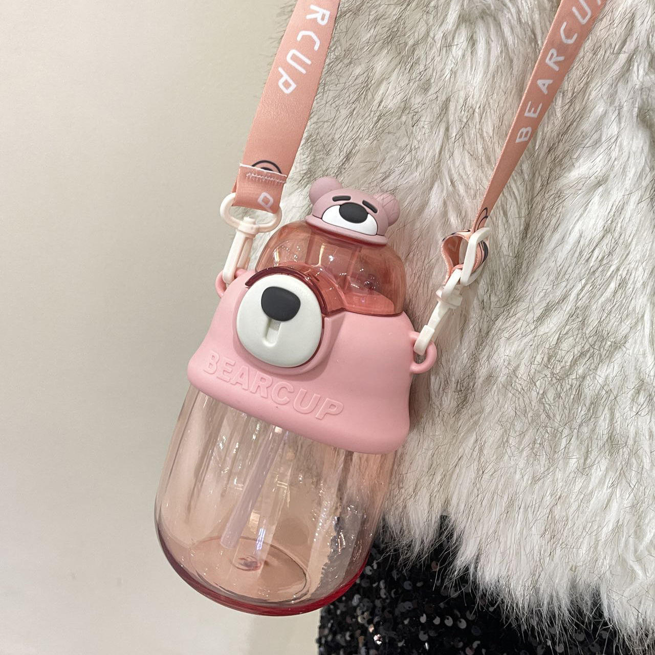 Bear Portable Straw & Anti-Fall Big Belly Plastic Water Bottle - 800 ML - Random Color - Project M Shop