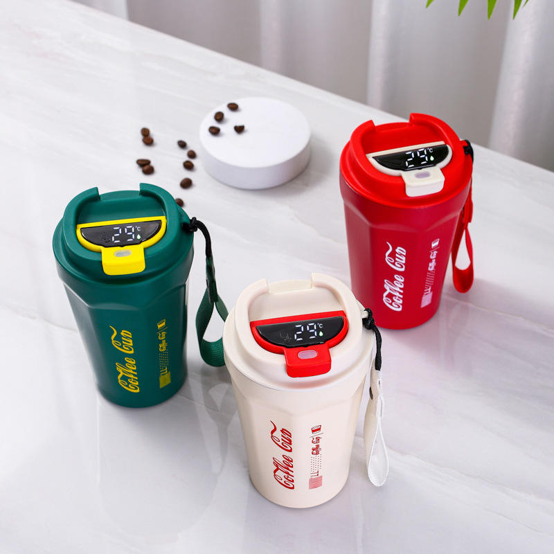 Double Wall Stainless Steel Insulated Coffee Tumblers with LED Temperature Show Lid and Handle - 700 ML - Random Color - Project M Shop