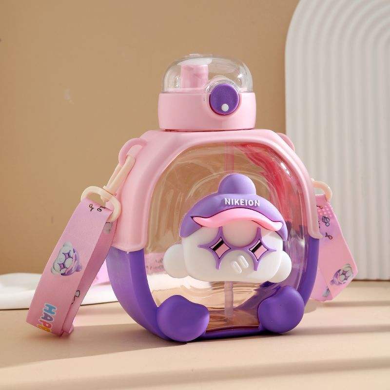 Cartoon Double-Drinking Plastic Water Bottle with Convenient Strap & 3D cartoon Patchwork - 1000 ML - Project M Shop