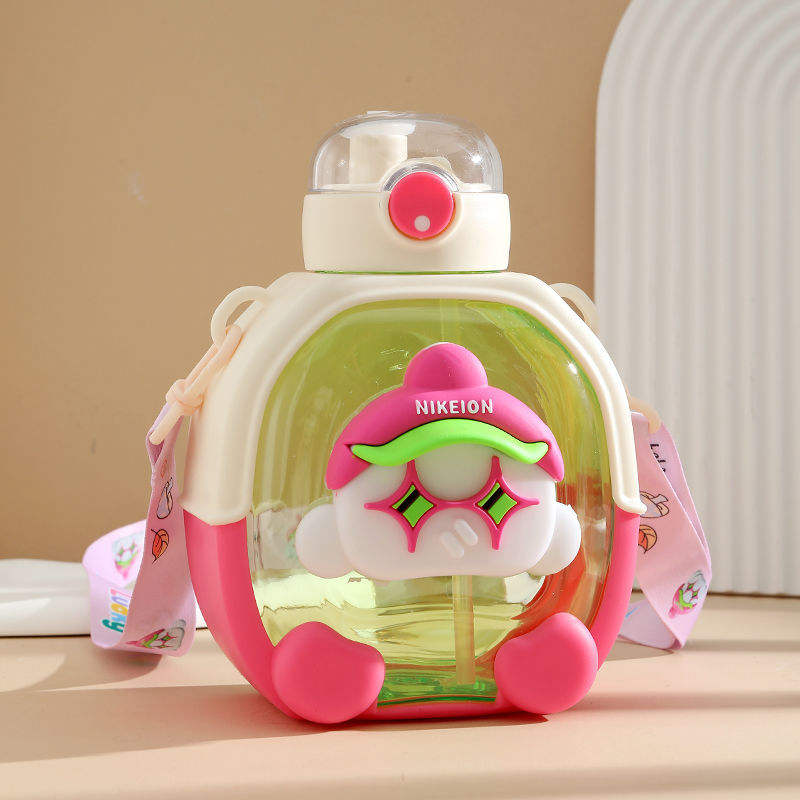 Cartoon Double-Drinking Plastic Water Bottle with Convenient Strap & 3D cartoon Patchwork - 1000 ML - Project M Shop