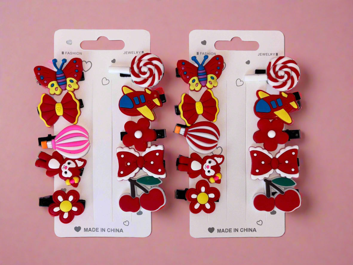 Set of 2 Red Cherry Hair Clips for Girls - 10 PCs Hair Clip Set - Project M Shop
