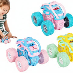 Child playing with colorful toy trucks on a white background -  car toy under 100