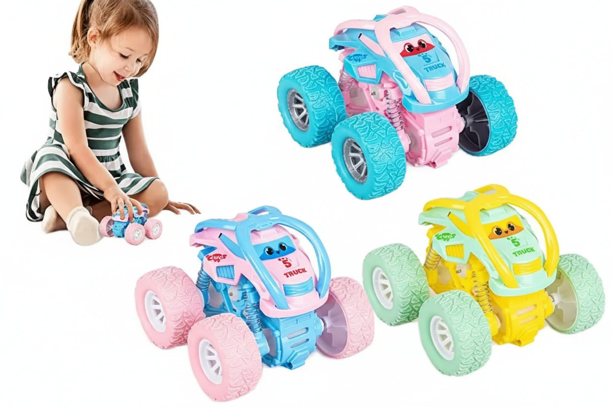 Child playing with colorful toy trucks on a white background -  car toy under 100