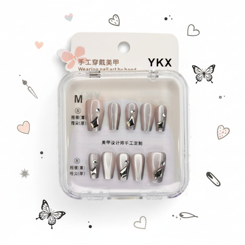 Grey Metallic Gemstone Charms Press-On Nails - Size M - Project M Shop