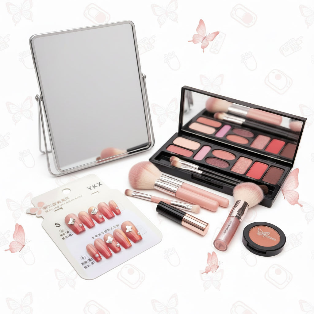 Rosy Butterfly With Pearl Press-On Nails - S Size - Project M Shop