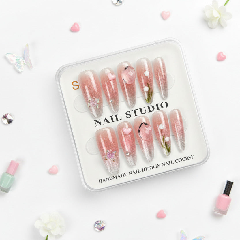Heart & Butterfly Charm Press-On Nails For Woman- Size S - Project M Shop