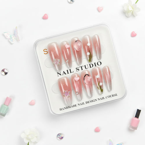 Heart & Butterfly Charm Press-On Nails For Woman- Size S