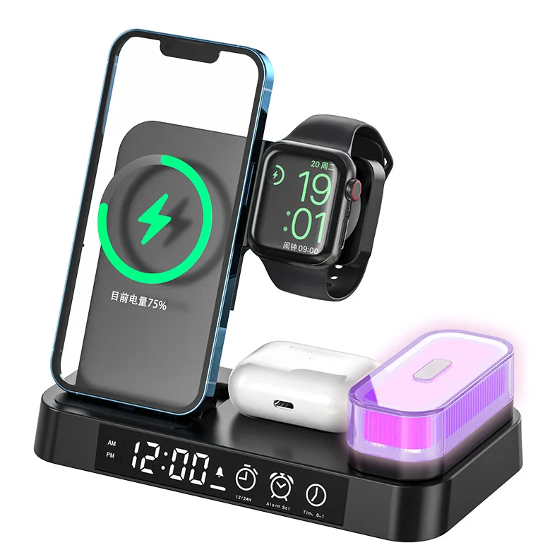 15W 3 In 1 Foldable  Magnetic Wireless Charger Station with Alarm, Clock and RBG Lamp