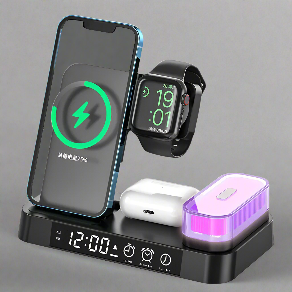 15W 3 in 1 Wireless Charger Station with Alarm, Clock, and RGB Lamp