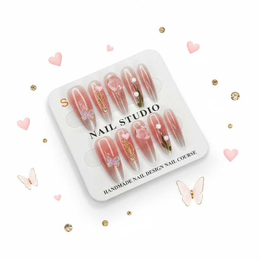 Heart & Butterfly Charm Press-On Nails For Woman- Size S - Project M Shop