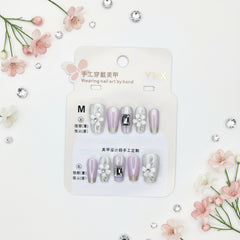 Flower With Gemstone Elegant Press-On Nails - M Size - Project M Shop