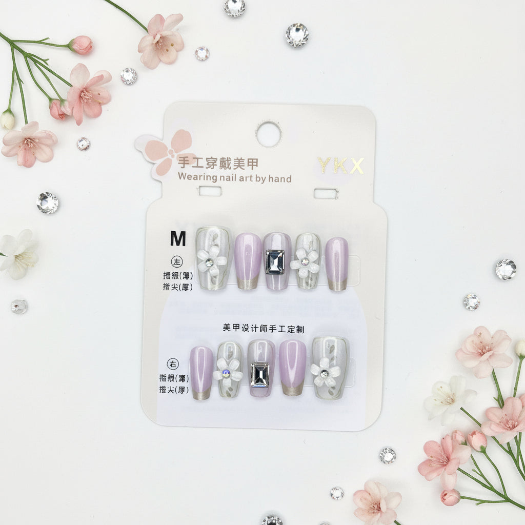 Flower With Gemstone Elegant Press-On Nails - M Size - Project M Shop