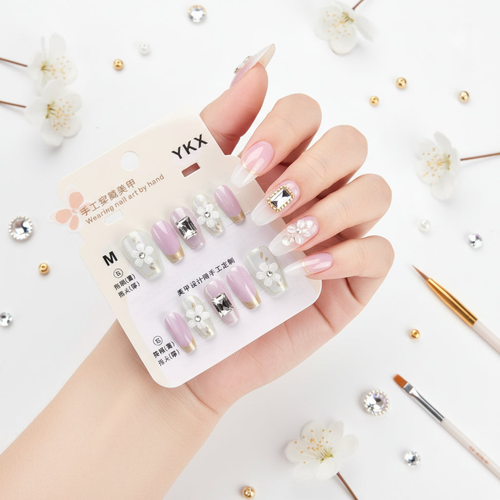Flower With Gemstone Elegant Press-On Nails - M Size - Project M Shop