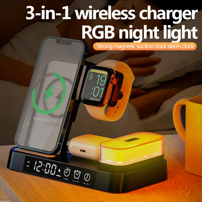 15W 3 in 1 Wireless Charger Station with Alarm, Clock, and RGB Lamp - Project M Shop
