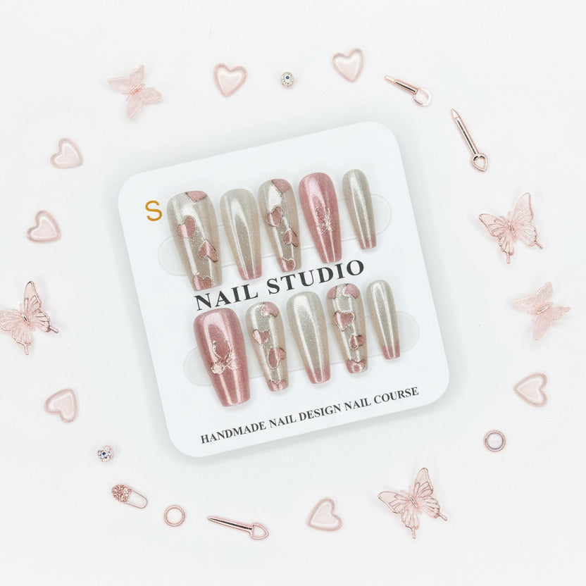 Heart Charm Long Press-On Nails For Woman - Size S - Project M Shop