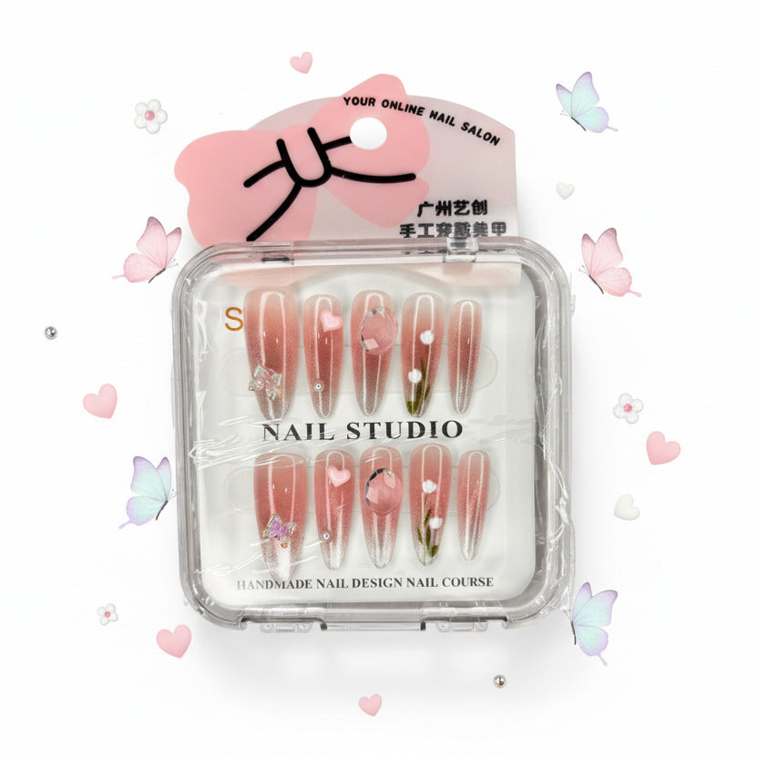 Heart & Butterfly Charm Press-On Nails For Woman- Size S - Project M Shop