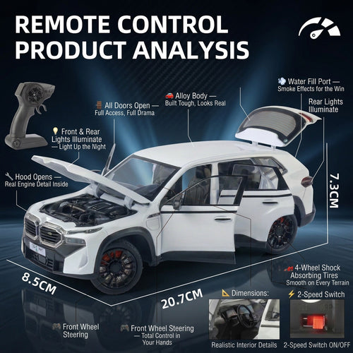 1:24 BMW XM Diecast RC Car - Opening Doors, Smoke, Sound & Light | Metal Alloy Remote Control Car