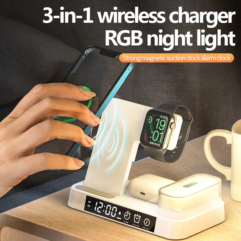 15W 3 In 1 Foldable  Magnetic Wireless Charger Station with Alarm, Clock and RBG Lamp