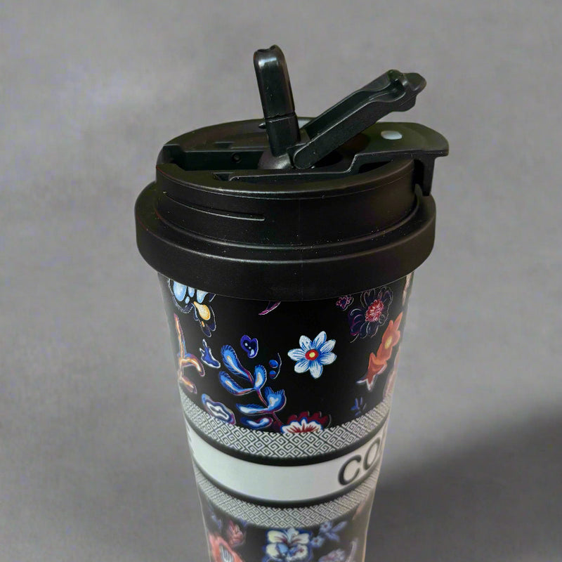 Elegant Sips Black Flower Insulated Mug 600 ML for Hot and Cold Beverages - Project M Shop