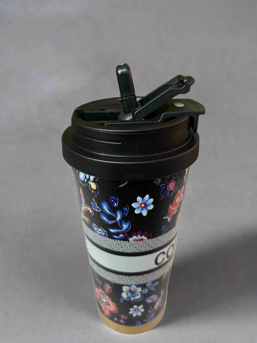 Black Flower Insulated Mug 600ml – Elegant Desk Drinkware