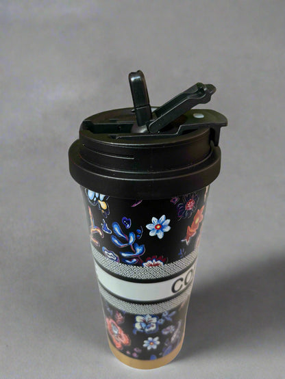 Elegant Sips Black Flower Insulated Mug 600 ML for Hot and Cold Beverages - Project M Shop