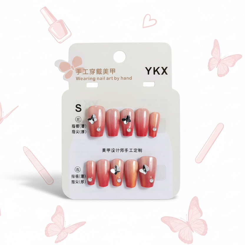 Rosy Butterfly With Pearl Press-On Nails - S Size - Project M Shop