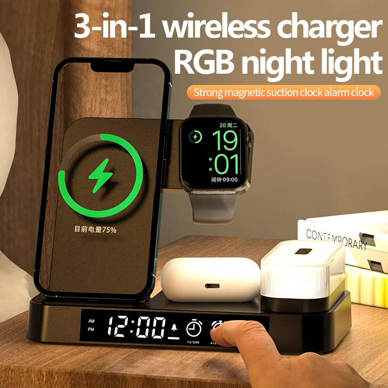 15W 3 In 1 Foldable  Magnetic Wireless Charger Station with Alarm, Clock and RBG Lamp
