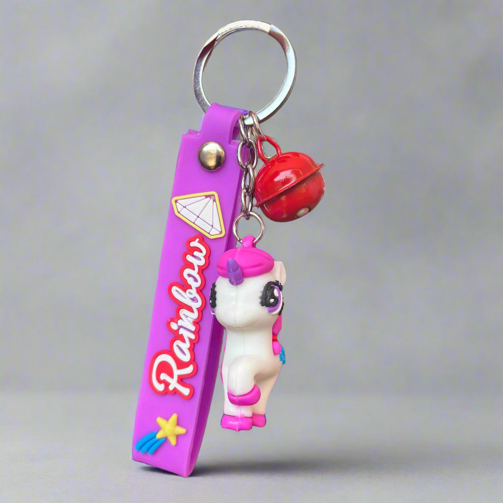 Purple & White Pony PVC Keychain with Bell – Bag Charm