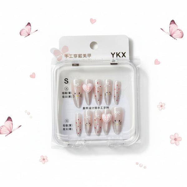 Heart & Kitty Charms Beautiful Press-On Nails - Size S - Project M Shop
