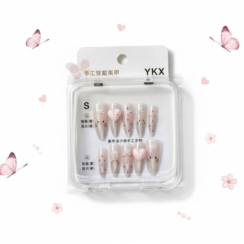 Heart & Kitty Charms Beautiful Press-On Nails - Size S - Project M Shop