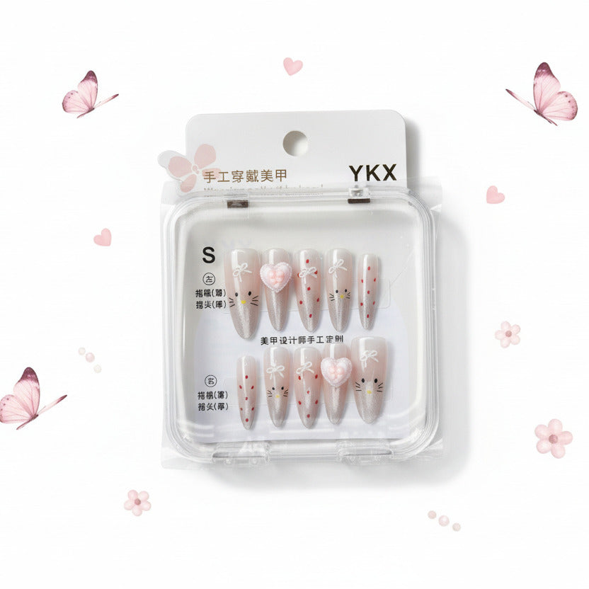Heart & Kitty Charms Beautiful Press-On Nails - Size S - Project M Shop