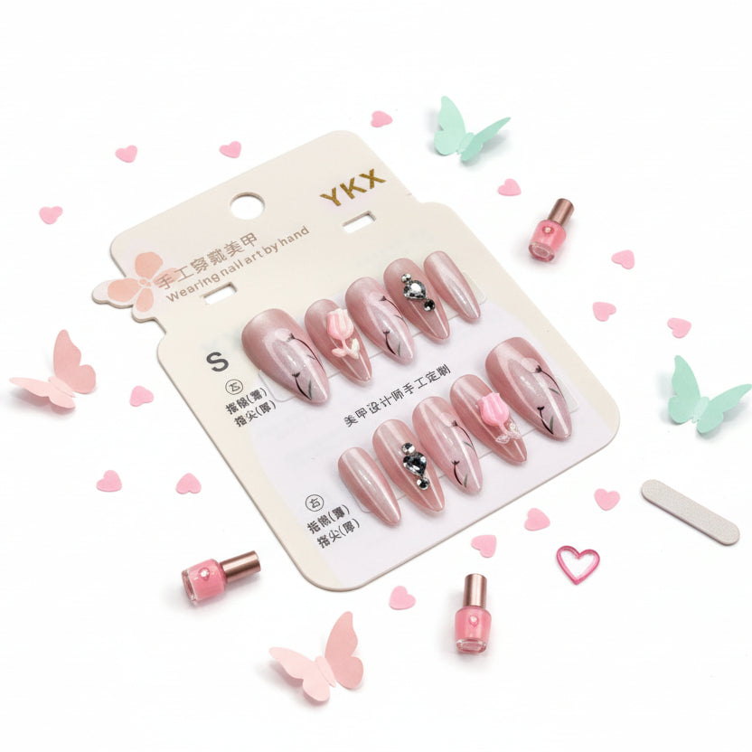 White Flower Charms Cute Press-On Nails - Size S - Project M Shop