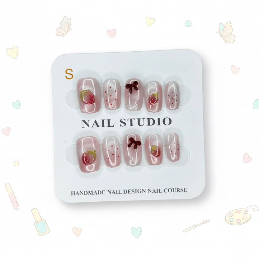 Fruity Strawberry Charms & Printed Press-On Nails -  Size S & M - Project M Shop