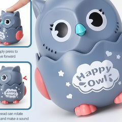 Gray owl toy with 'Happy Owls' branding, showing movement features on a light blue background.