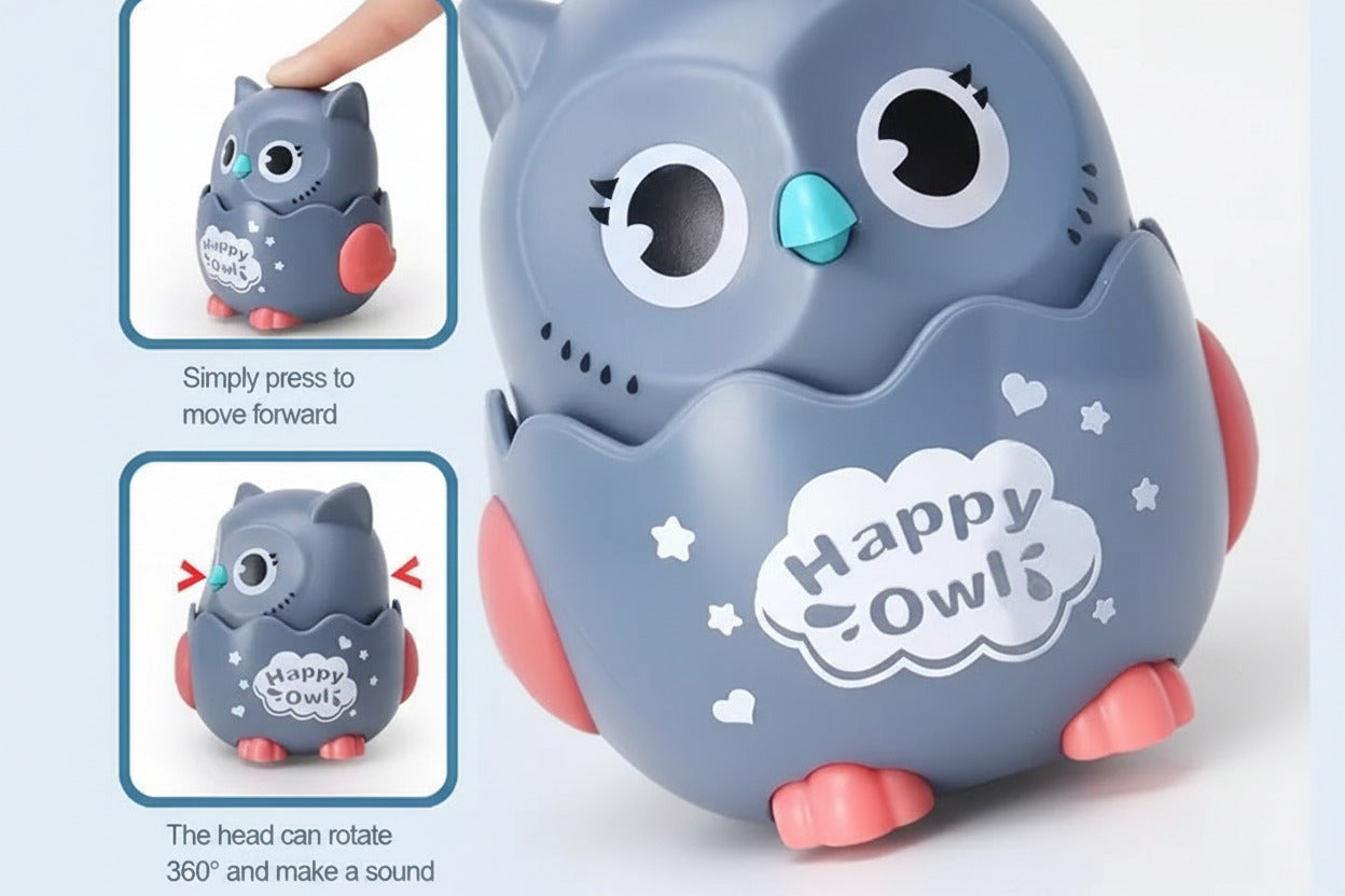 Gray owl toy with 'Happy Owls' branding, showing movement features on a light blue background.