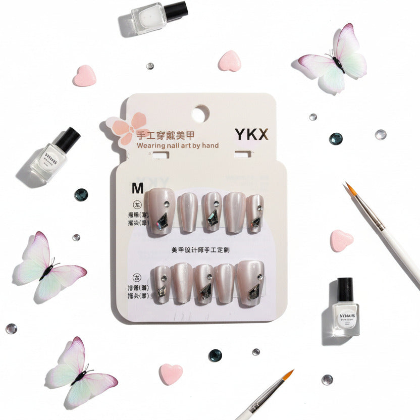 Grey Metallic Gemstone Charms Press-On Nails - Size M - Project M Shop