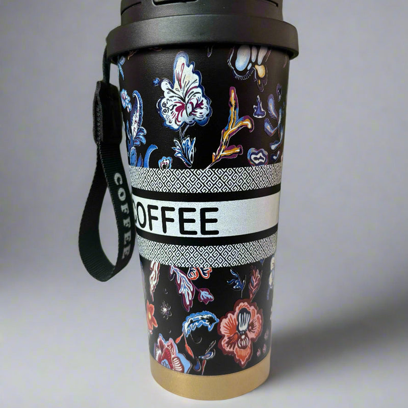 Elegant Sips Black Flower Insulated Mug 600 ML for Hot and Cold Beverages - Project M Shop