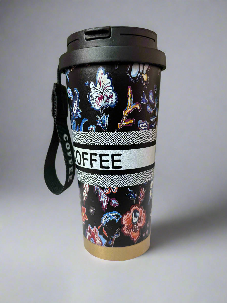 Black Flower Insulated Mug 600ml – Elegant Desk Drinkware