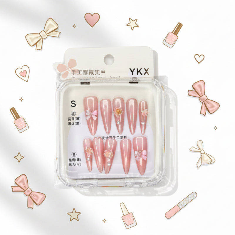 Rose & Hairclip Charm Long Press-On Nails - Size S - Project M Shop