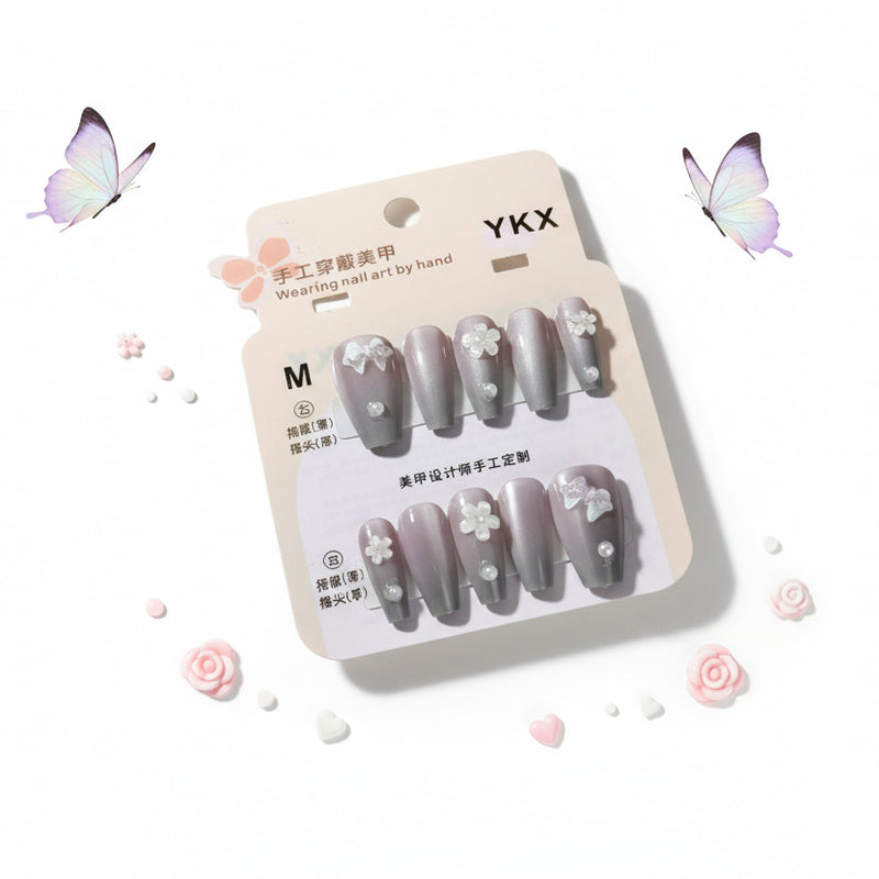 Grey Pearly With Charm Press-On Nails - Size M - Project M Shop