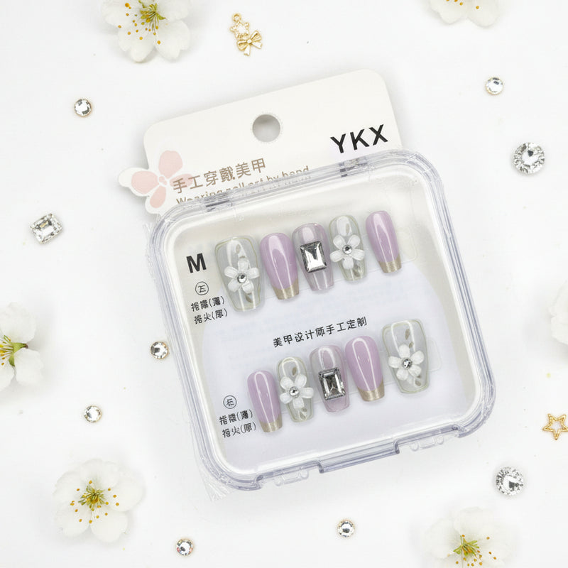 Flower With Gemstone Elegant Press-On Nails - M Size - Project M Shop