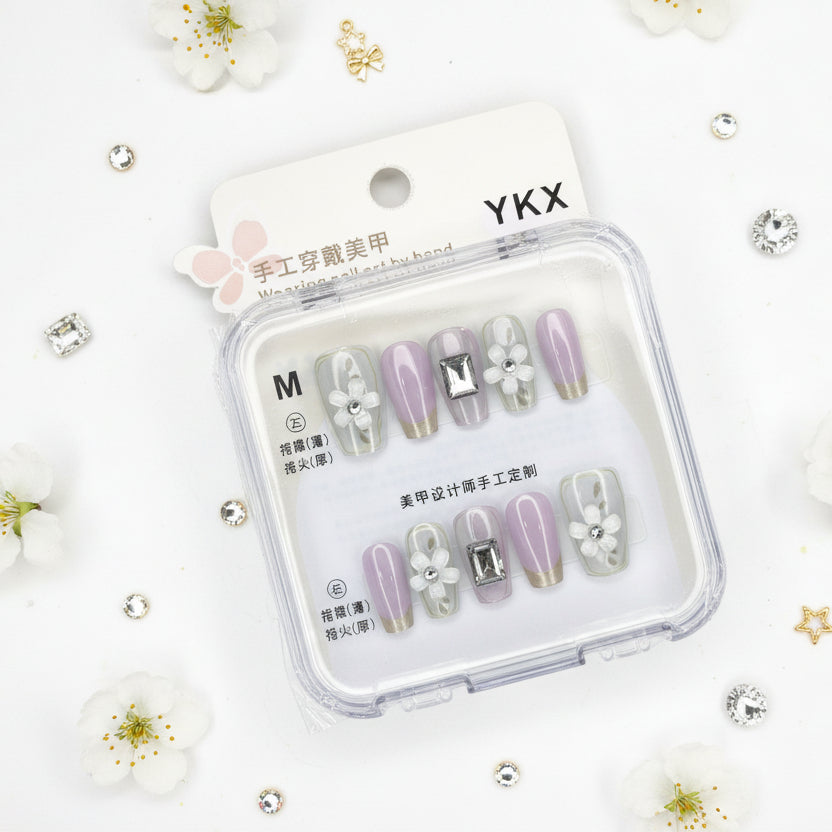 Flower With Gemstone Elegant Press-On Nails - M Size - Project M Shop