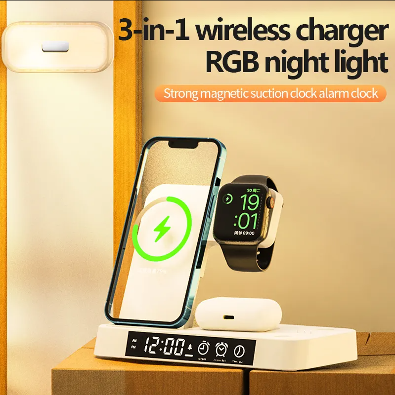 15W 3 In 1 Foldable  Magnetic Wireless Charger Station with Alarm, Clock and RBG Lamp