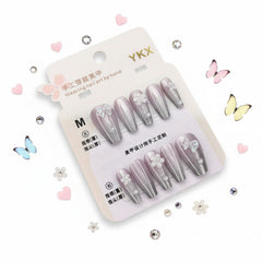 Grey Pearly With Charm Press-On Nails - Size M - Project M Shop