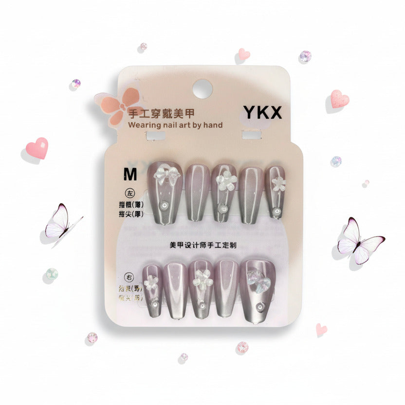 Grey Pearly With Charm Press-On Nails - Size M - Project M Shop