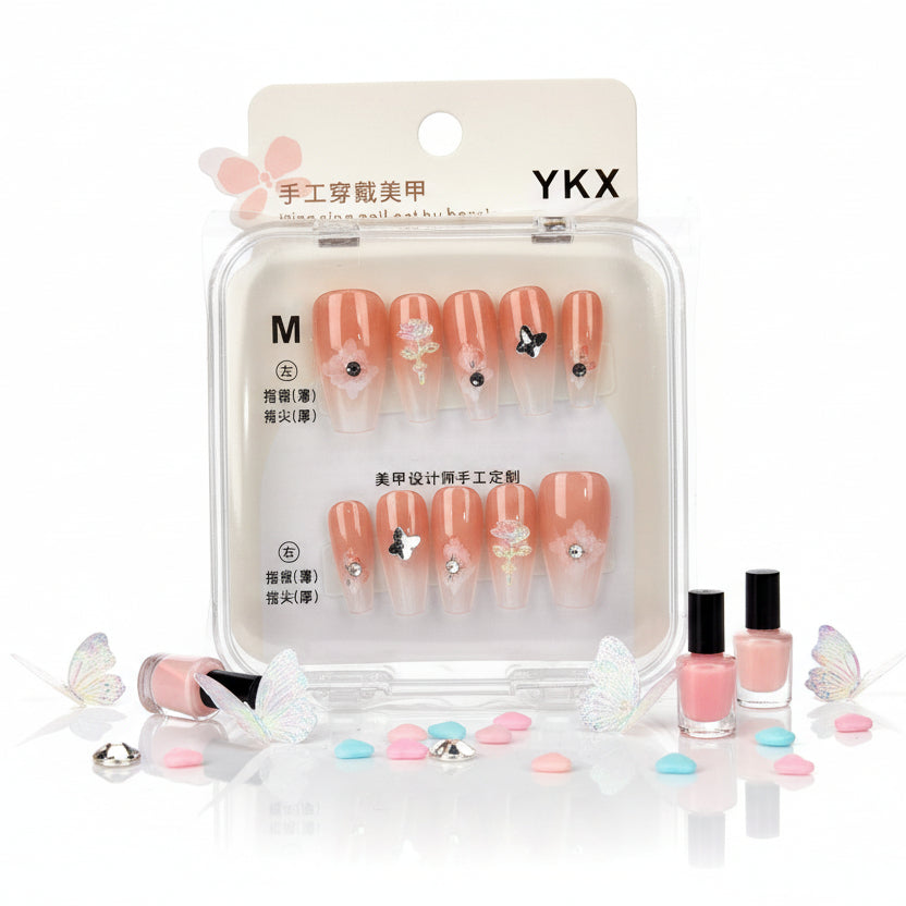 Flower Pattern With Charm Press-On Nails - Size M - Project M Shop