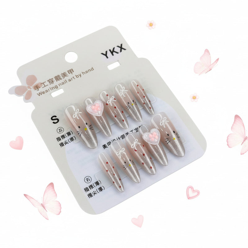 Heart & Kitty Charms Beautiful Press-On Nails - Size S - Project M Shop