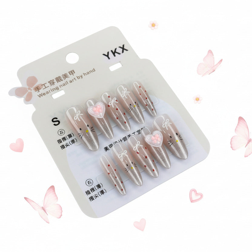 Heart & Kitty Charms Beautiful Press-On Nails - Size S - Project M Shop